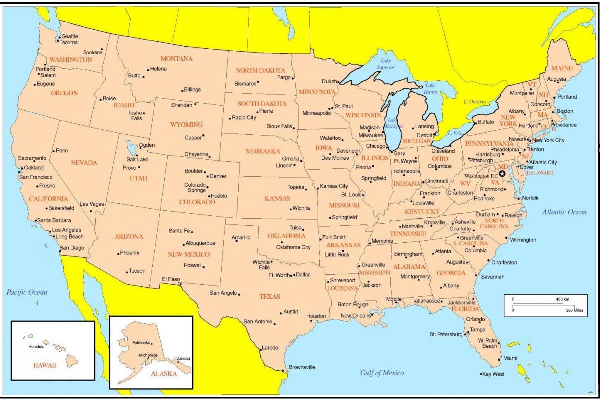 Mapa USA z głównymi miastami