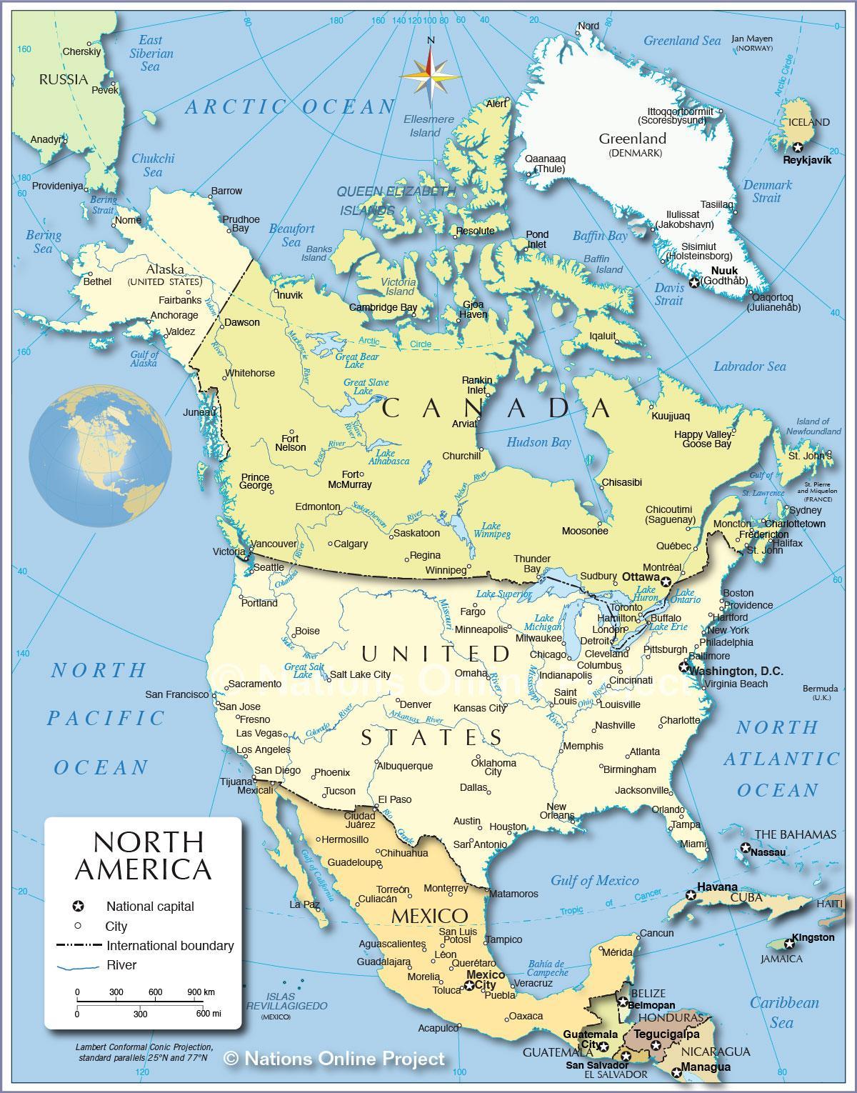 Mapa USA i krajów przygranicznych