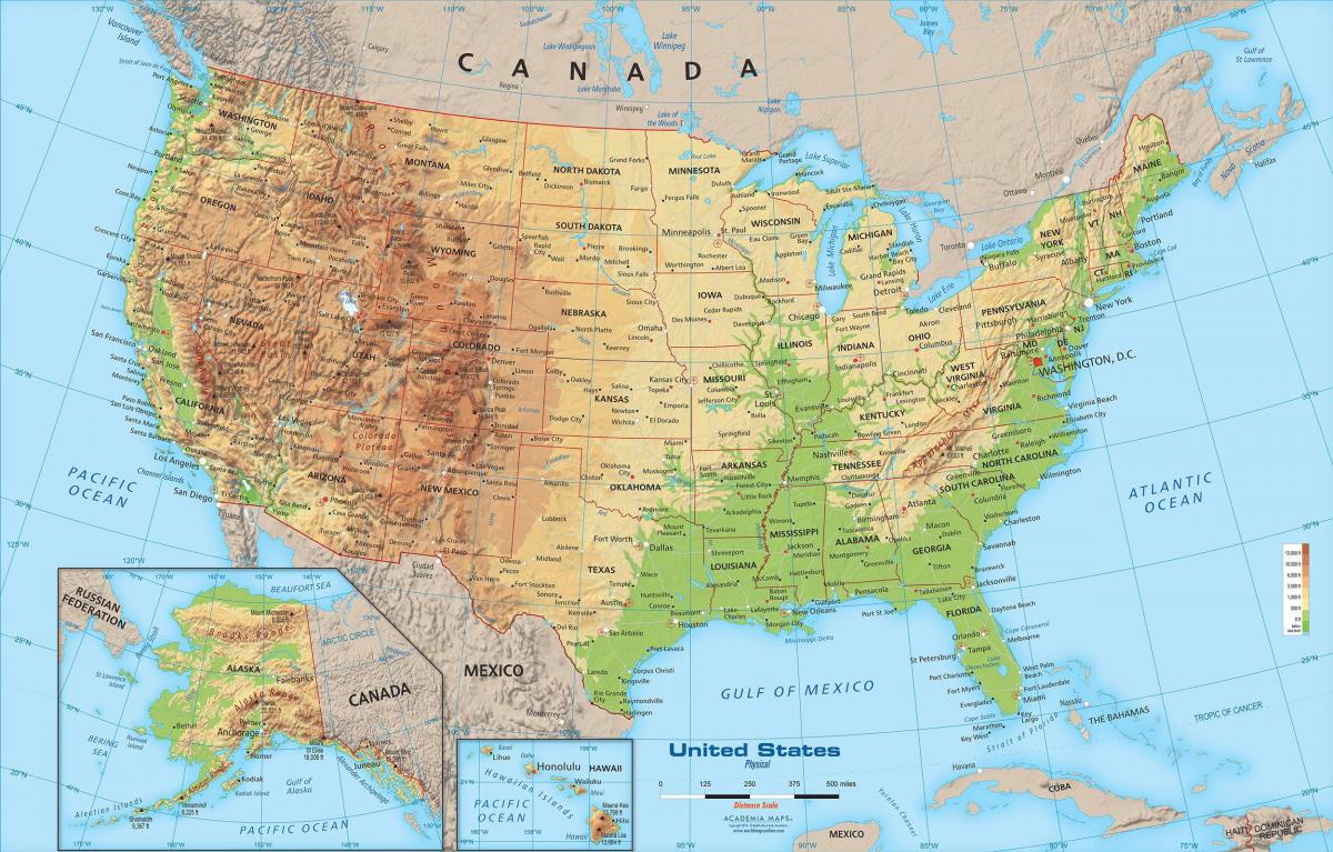 Mapa ukształtowania terenu USA
